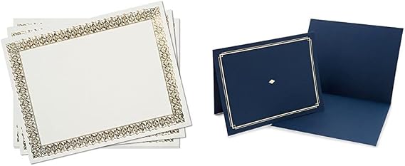 Gartner Studios Gold Foil Certificate Paper, Parchment Design, 80lb 8.5 x 11, 15 Count & Certificate Kit, Includes 6 8.5" x 11" Blue with Gold Detail Certificate Holders