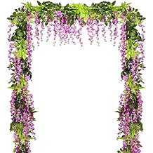4Pcs 6.6Ft/Piece Purplish Red Artificial Flowers Silk Wisteria Garland Artificial Wisteria Vine Rattan Silk Hanging Flower for Home Garden Outdoor Ceremony Wedding Arch Floral Decor