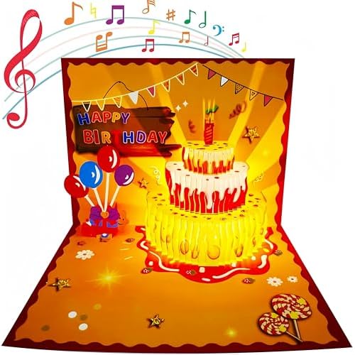 3D Pop Up Birthday Cards,Light Music Birthday Cake Cards Pop up Warming LED Colourful Happy Birthday Card Best for Mom,Wife,Sister,Girl,Friends 1 Pack
