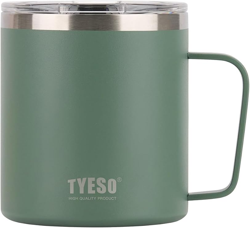 TYESO 14 oz Vacuum Insulated Mug Cup Stainless Steel Mug Coffee Mug with Lid Heat Insulation Cooling Direct Drip (Green, 14 oz)