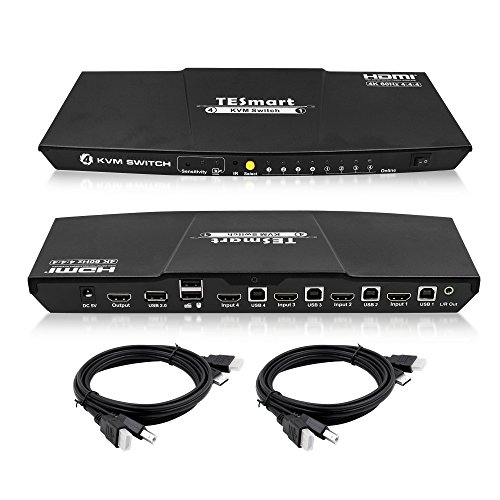 4-Port HDMI KVM Switch with 2 Pcs 5ft KVM Cables 3840x2160@60Hz 4:4:4 UHD Supports LR Audio Output and USB 2.0 Device Control Black