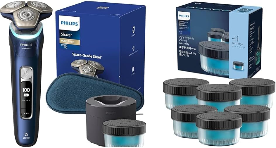 Philips Electric Shaver 9000 Series Mens Electric Shaver with Washer 72 Blades, Rotary, Bath Shaving, Washable Available S998050 Adria Blue  Cleaning Solution 6 Piece Shaver S5000, S7000, S9000