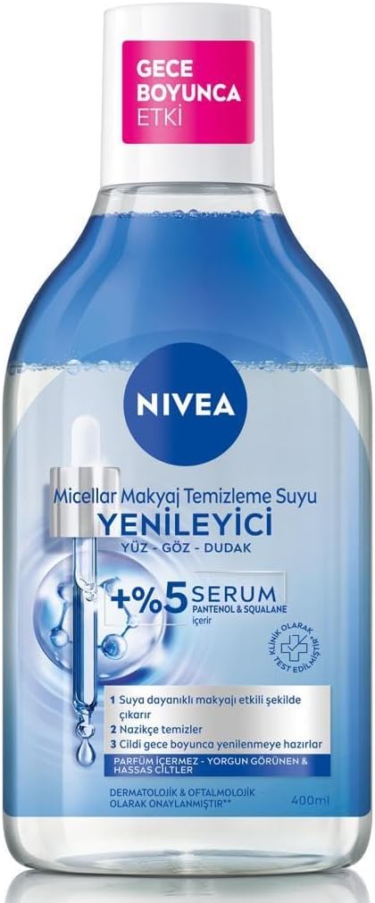 NIVEA Micellar Yenileyici Makyaj Temizleme Suyu 400 ml,Suya Dayanıklı Makyajı Çıkarır,Ovalaa Gerektirmez, Serum İçerikli,Pantenol