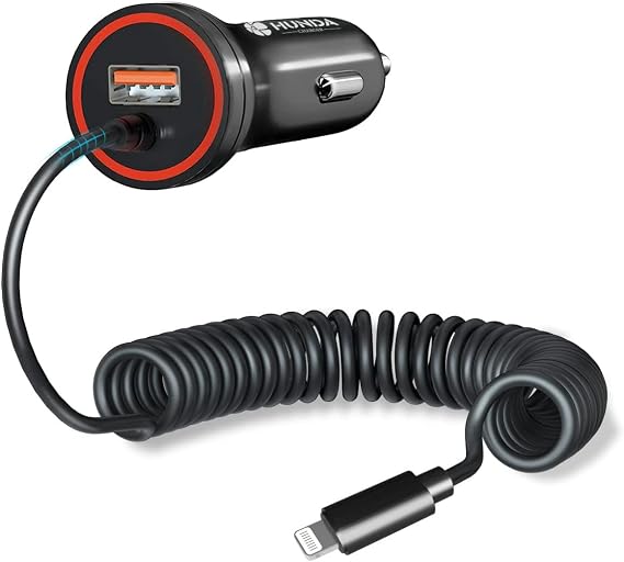 HUNDA Fast Car Charger 48W, Dual Port Super Fast Charging with PD3.0 & QC4.0, Car Accessories with Built-in 5ft Coiled Lightning Cable for iPhone 15-11 Series, iPad & More