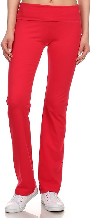ACTIVE BASIC White Apparel Women's Cotton Yoga Pants with Foldover Waist and Flared Bottom