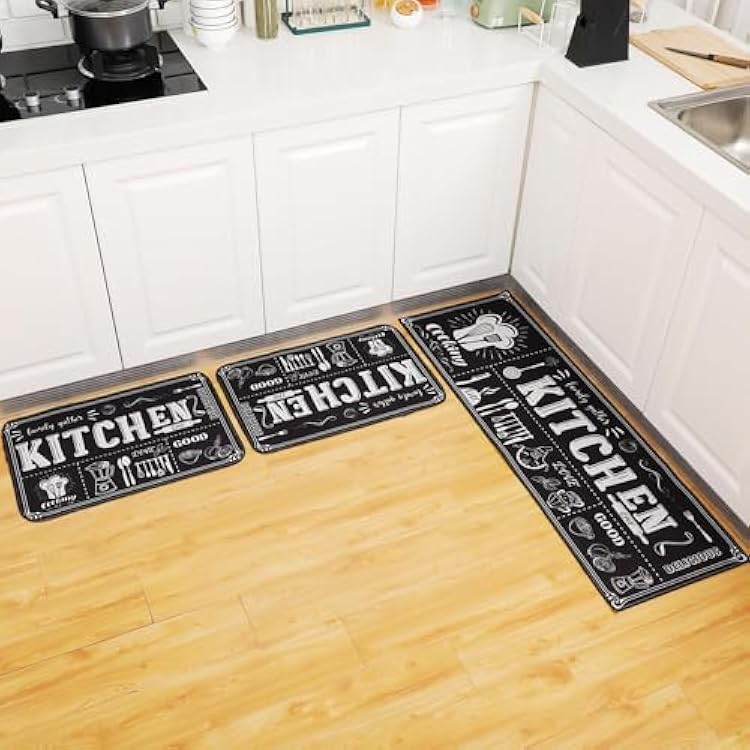 Sinmoe 3 Pcs Kitchen Rug Set Non Skid Thick Black Kitchen Rugs and Mats Stain Resistant Anti Fatigue Mats for Microfiber Floor Non Slip Backing Mat, 15.7 x 47.2, 15.7 x 23.6