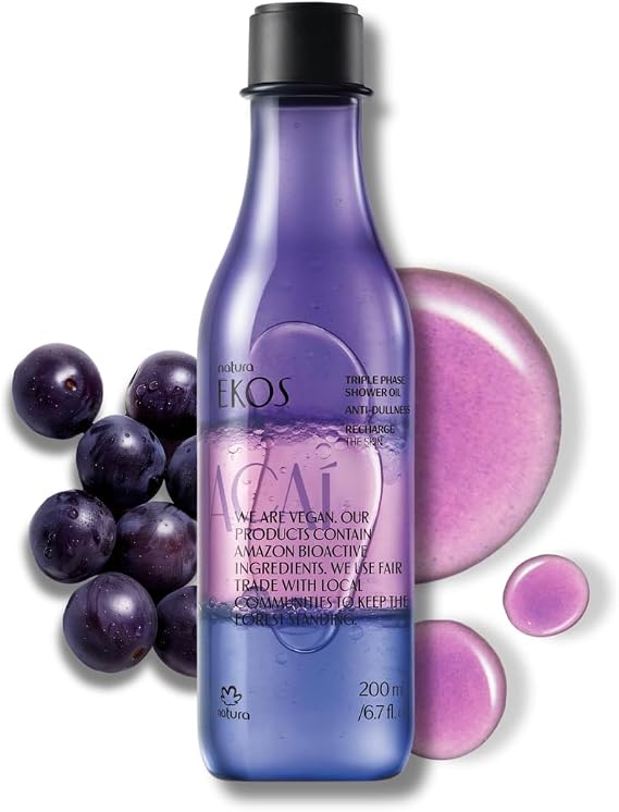 natura - Ekos Acai Triple Phase Shower Oil - Revitalizing In-Shower or Bath Body Oil - Anti-Dullness - Scented - Bath Oil - Skin Moisturizer - Vegan Skin Care - Brazilian Beauty - 6.7 fl oz (200ml)