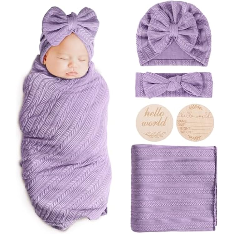 Newborn Receiving Blanket with Bow Hat Headband Wooden Card Set Wheat-Pattern Newborns Toddler Baby Boy Girl Nursery Swaddle Wrap