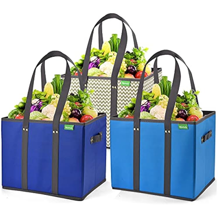 NERUB Reusable Grocery Bags Shopping Bags Grocery Tote Bag with Reinforced Bottom Heavy Duty Handles Set of 3, BlueGrayWave