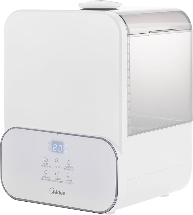 Midea 6L (1.6 Gal) Warm & Cool Mist Ultrasonic Humidifier, Top Fill Design, Smart Humidity Control with Auto Mode, 24-Hour Runtime, Essential Oil Tray, Timer & Night Light, White