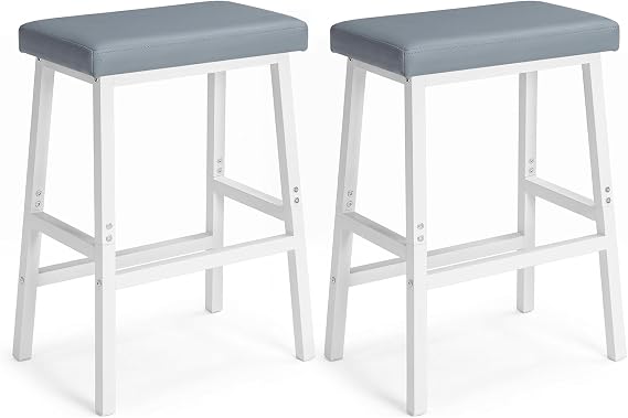 HOOBRO Bar Stools, Set of 2 Bar Chairs, Counter Height Bar Stools, 24 Inch Barstools for Kitchen Counter, PU Upholstered Kitchen Stools, for Kitchen, Bar, Dining Room, White and Gray WG01MD01