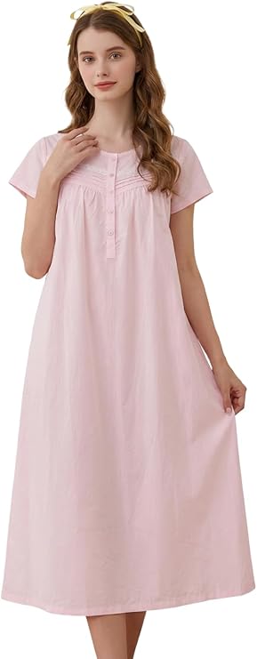 Short Sleeve Nightgowns for Women 100% Cotton Nightgowns Ladies Long Nightdress Pajama Dress Soft Sleepshirts House Dress Sleepwear Pink D-Ballet Slipper Blush L