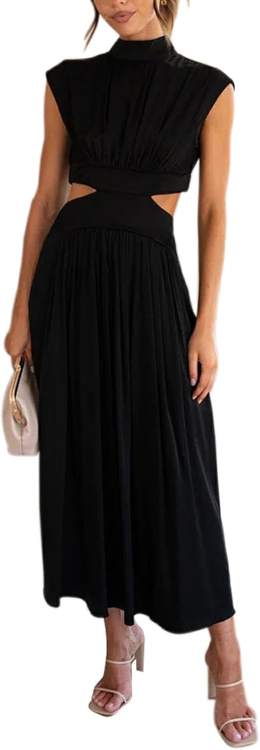 ANKOMINA Womens Sexy Summer Cutout Waist Sleeveless Long Maxi Dress Bodycon Backless Party Club Dresses with Pockets