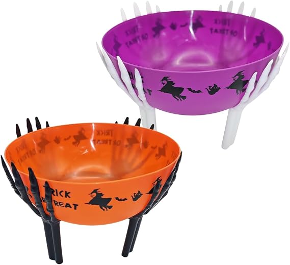 2 Pcs Halloween Candy Bowl with Holder Plastic Trick or Treat Bowls Large halloween Party Plastic Serving Bowl Tableware Candy Holders Party Supplies(Purple Orange)