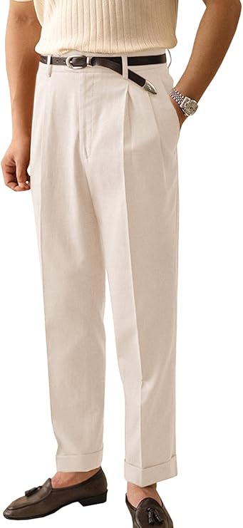Men's Linen Dress Pants Vintage Relaxed Fit Straight Legs Business Formal Slacks Pants