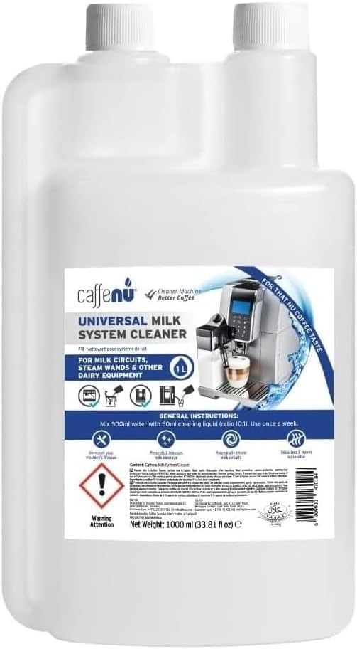 Caffenu Universal Milk System Cleaner Professional Alkaline Liquid for Coffee Machines Sanitizes & Removes Milk Blockage from Steam Wands & Automatic One-Touch Circuits 1L (33.81 fl oz)
