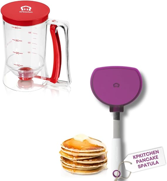 KPKitchen Pancake Batter Dispenser and Pancake Spatula Flipper - Perfect Baking Tool for Cupcakes, Waffles, Crepes, Cake or Any Baked Goods (Red) - Heat Resistant Wide Spatula Perfect for Pancakes