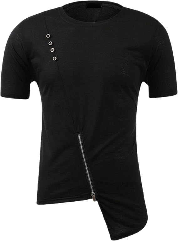 Men's Crew Collar Solid Asymmetric Irregular Hem Casual T-Shirt Tops Solid Asymmetric Zipper Short Sleeve T-Shirt
