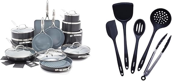 GreenPan Valencia Pro Hard Anodized Healthy Ceramic Nonstick 22 Piece Cookware Pots & Pans Set & 5 Piece Cooking Utensil Set, Flexible Nonstick Silicone, Stain-Free, Tongs, Turner, Spatula