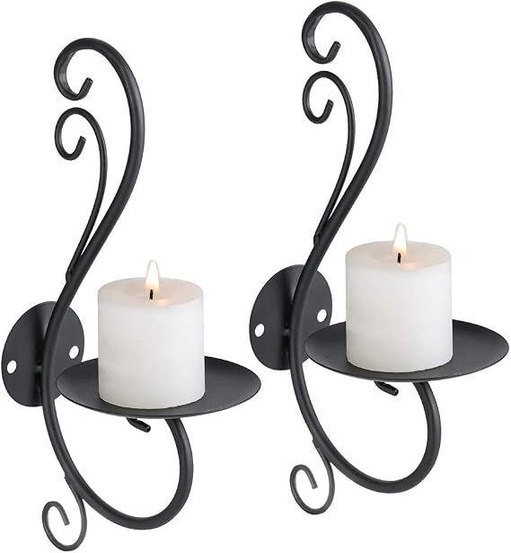Sziqiqi Wall Mounted Candle Holders: Black Metal Candle Sconces, 2 Pcs