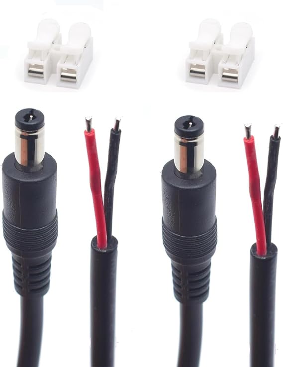 2PCS 18 AWG DC Power 2 Pigtail Wire Cable 0.3M/1FT 7A 2.1mm x 5.5mm Male Barrel Plug to Bare Wire Open End Power Connector DC Supply Repair Cable with Spring Wire Connector for Security Camera
