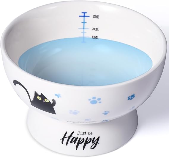 Porcelain Raised cat Bowl, 15-Ounce Raised Porcelain pet Bowl - Protects Your pet's Spine, Large-Capacity Non-Overflowing pet Bowl with Anti-Slip Strap, Dishwasher Safe (Blue)