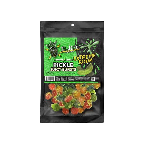 El Jefe Snacks Extreme Sour Juicy Pickle Bursts Candy Ultra Sour Pickle-Flavored Candy Fruit-Filled Candy Bites with Extreme Coating Sour-Candy for Sour-Candy Lovers, 6oz