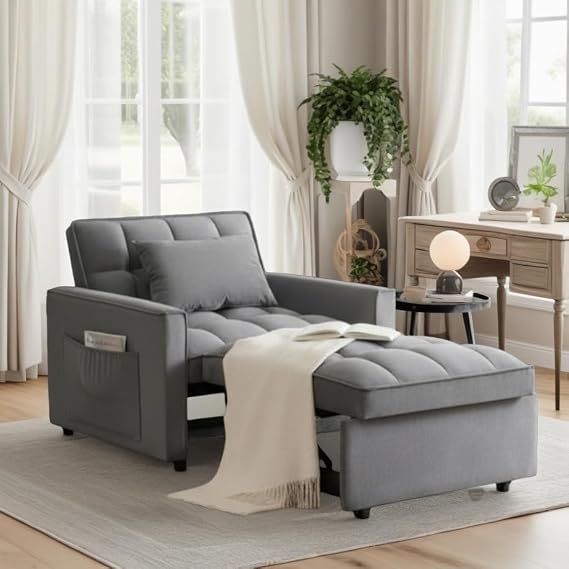 Sleeper Chair, Pull Out Chair Sleeper with Adjustable Back & Pocket, Convertible Chairs Bed Sleepers for Adults, 3 in 1 Sofa Bed Chairs for Small Spaces, Living Room, Gray