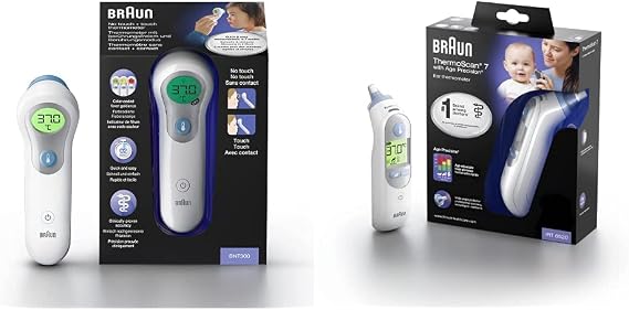 Braun No Touch + forehead thermometer (Position Check, color-coded fever guidance, fast measurement, backlit display), BNT300 & Healthcare ThermoScan 7 Ear thermometer with Age Precision, IRT6520