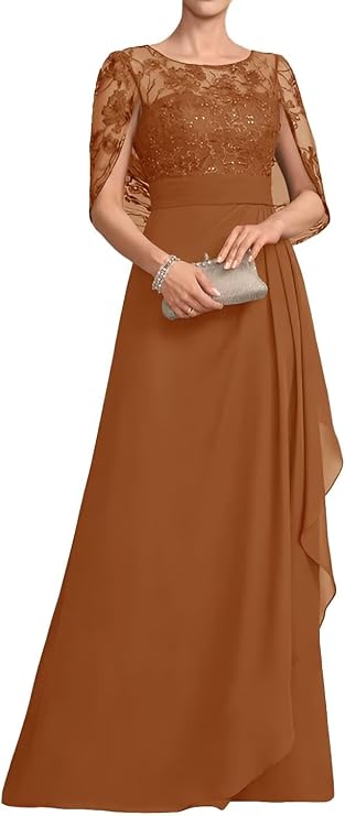 Chiffon Mother of The Bride Dress Long A-Line with Lace Cape Sleeve Mother of The Groom Dresses for Wedding