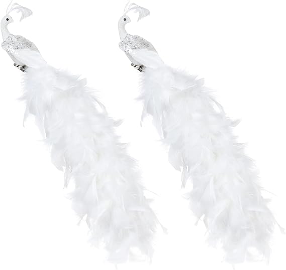 BestAlice 2 Pcs White Peacock Christmas Ornaments, 17.5 Inch Long Tail Feather Peacock Clip Ornament, Glittered Phoenix Christmas Ornament, Feathered Realistic Peacock Birds for Christmas Tree Decor