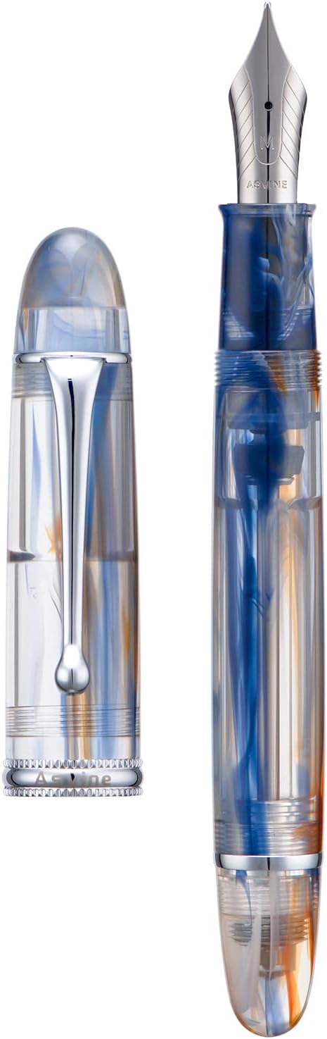 Asvine V800 Fountain Pen Vacuum Filling System with Large Ink Capacity Smooth Number 8 Medium Nib with Gift Case and Wrench Blue Brown