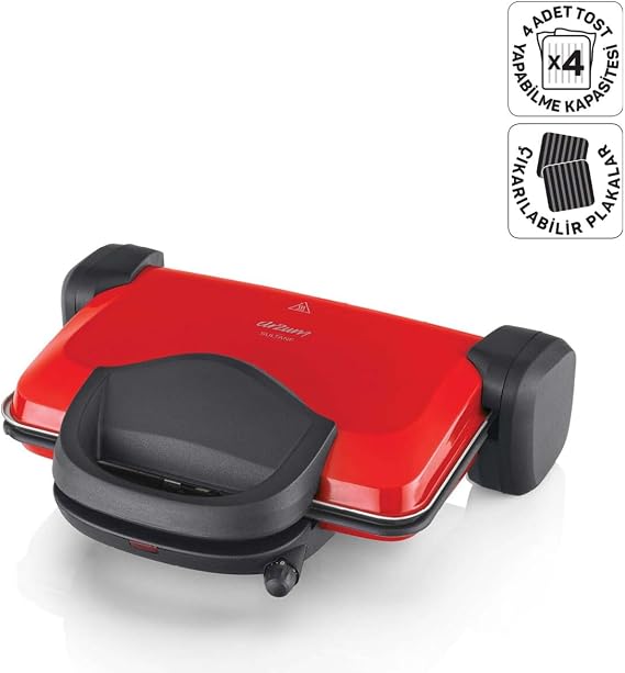 Arzum AR2007 Sultane 1800W 4 Dilim Kapasiteli Izgara ve Tost Makinesi, 180 Derece Açılır Gövde, Kırmızı