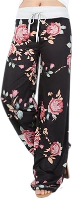 Hotmiss Womens Comfy Stretch Floral Print Drawstring Palazzo Wide Leg Lounge Pants