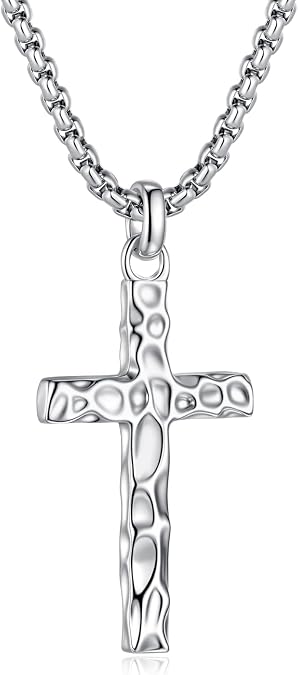925 Sterling Silver Hammered Cross Necklace for Men Women 20-24 In