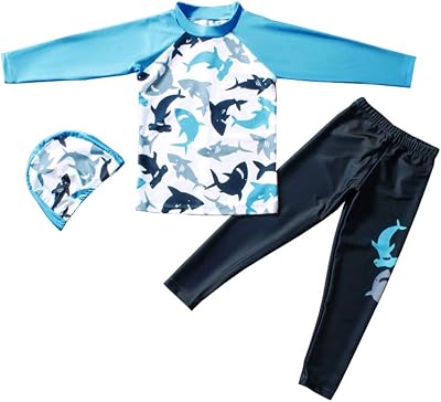 Kids Boys Two Piece Rash Guard Swimsuit Bathing Suit Long Sleeve Sunsuit Swimwear Set with Cap 2-10 Years