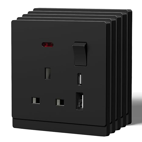 BSEED Single Socket with USB C,Tactile Finish Switched Wall Sockets,13A Electric Power Outlet,Individual Control & LED Indicator,Designer Wall Plate,Single-5 Pack,86mm Black