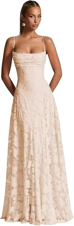 Floral Lace Bridesmaid Dresses for Women Spaghetti Straps Prom Gown Spring Cowl Neck Long Simple Wedding Dress