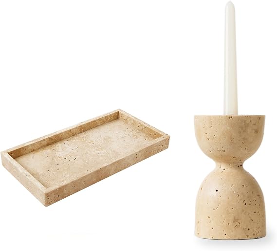 Modern Candle Holder, Genuine Marble Candlestick Holders for Taper Candles,Marble Vanity Tray (12x6in), Counter Organizer,Beige Travertine Decor