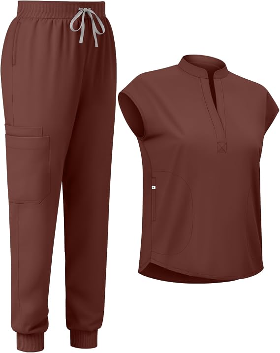 Scrubs for Women Set - Stand-Up Collar Scrub Top & Jogger Scrub Pant | Womens Sleeveless Scrub Set - 8 Pockets, Soft Stretch Knit, Yoga Drawstring Waist, Breathable, Anti-Wrinkle, All-Day Comfort