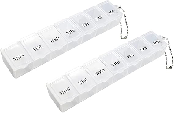 2Pcs Weekly Pill Box Organiser 7-Day Travel Dosset Box Portable Tablet Organizer Medicine Storage Box Pill Dispenser | Medium Medication Organizer - 2 Times a Day for Pills/Fish Oil/Vitamins (Clear)