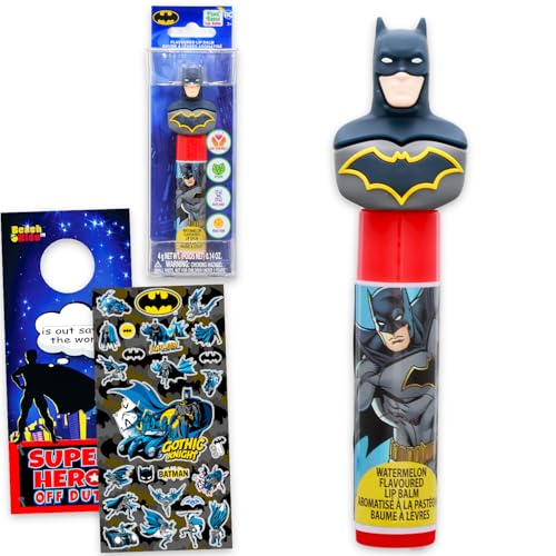 Batman Lip Balm Tube for Boys Bundle with 1 Tube of Plant Based Lip Balm in Watermelon Flavor with Batman Figurine Topper Plus Stickers, More | DC Comics Party Favors