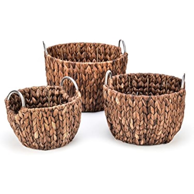 Trademark Innovations Set of 3 Round Hyacinth Baskets with Stainless Steel Handles-Rich Chocolate Finish