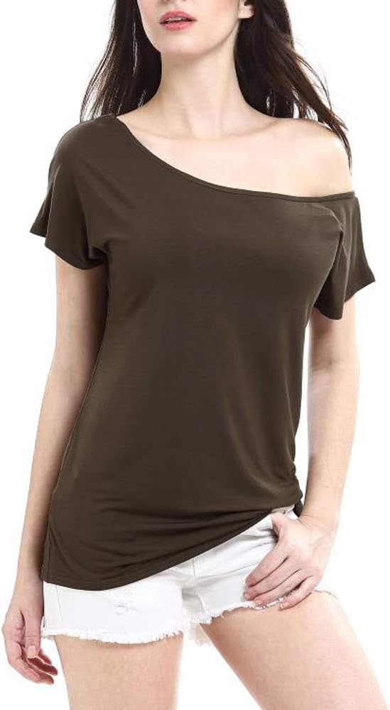 DELION Women's Casual Off Shoulder Tops Loose T Shirt Blouses Cotton Short Sleeve
