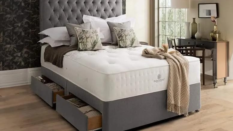 Designer Damask Memory Spring Foam Divan Bed Set With Mattress, 2 Drawers Same Side and Headboard Silver, 6FT Superking