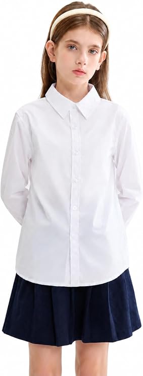 maoo garden Girls White Long Sleeve Button Down School Uniform Shirt