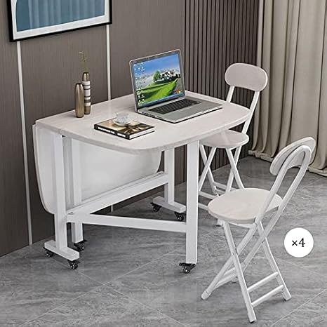 Folding Dining Table Set with 4 Chairs and 360° Universal Wheels White Kitchen Table Set with Butterfly Design Space Saving Drop Leaf Table Movable Dining Set(100 * 60cm)
