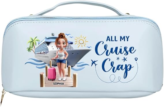 Travel All My Cruise Crap, Personalized PU Leather Makeup Bag for Women, Funny Cartoon Makeup Bag for Bestie Sister, Custom Toiletry Bags for Traveling Women, Travelling Gifts for Women, Mom, Bestie