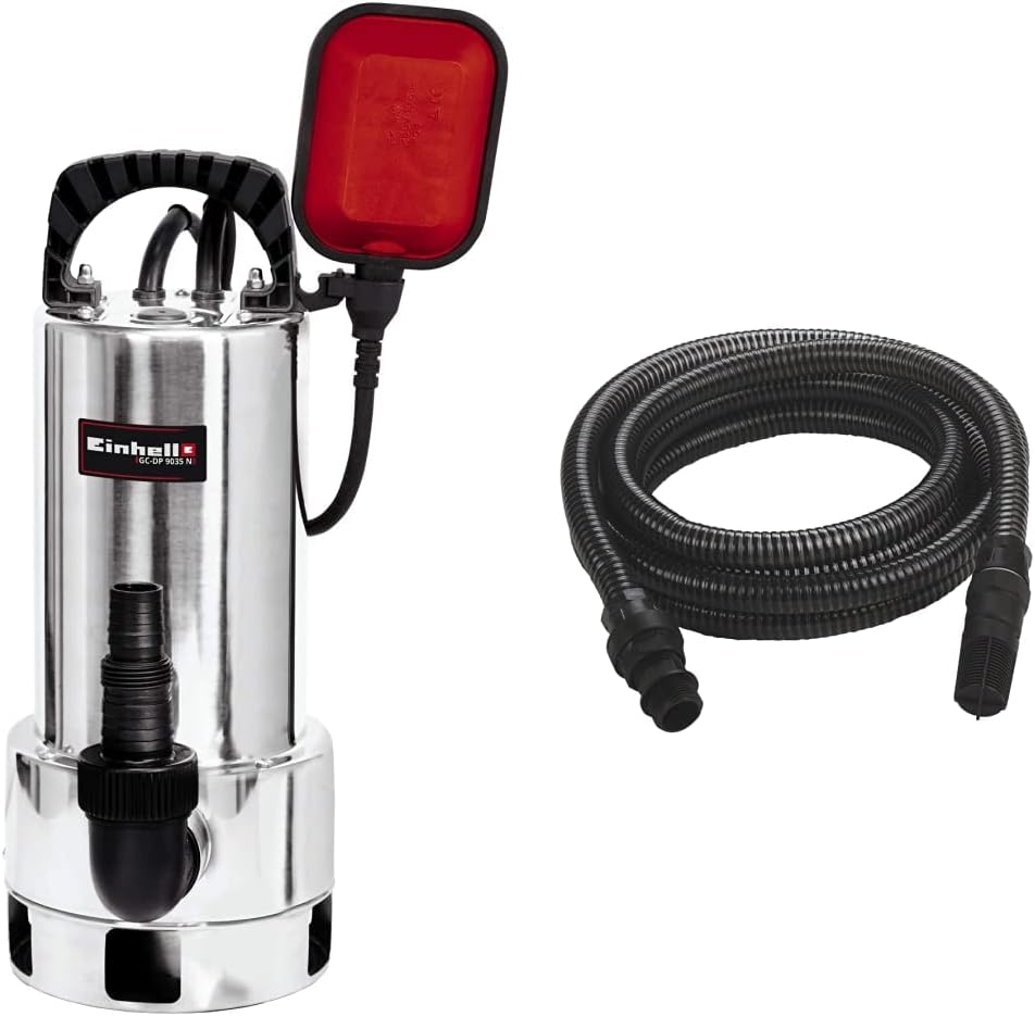 Einhell GC-DP 9035N CleanDirty Water Pump | 900W Stainless Steel Submersible Pump, 18,000 LH & Accessory Kit Black Suction Hose 7 Meters with PVC end Fittings - max. : 35°