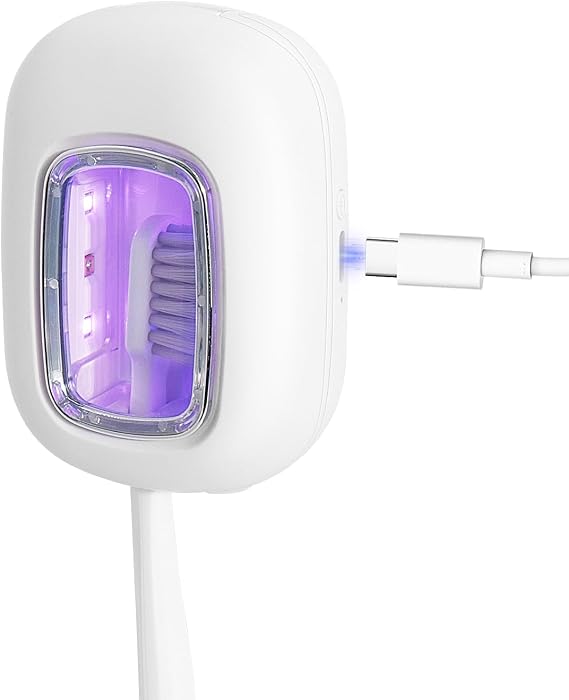 UV Toothbrush Sanitizer Holder Case, Dual Light Cleaner Cover with Clear Window, USB-C Rechargeable Travel Holder for Electric and Manual Brushes, White